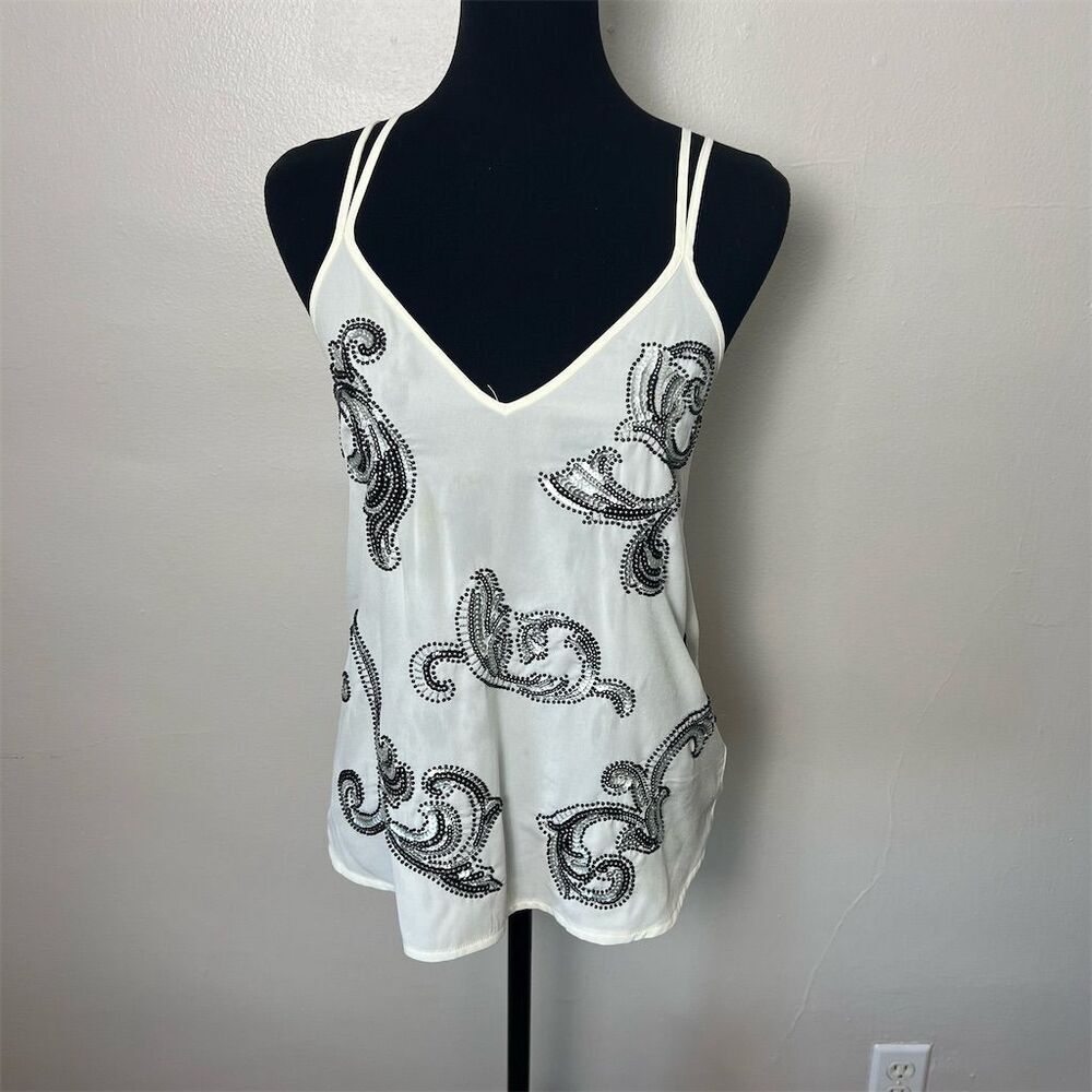 Express Women's Petite Sequin Sheer V-Neck Sleeveless Blouse White S